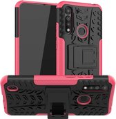 Voor Motorola Moto G8 Power Lite Bandentextuur Schokbestendig TPU + PC Beschermhoes met houder (Rose Red)