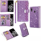 Voor Huawei P20 lite Multi-kaartsleuven Sterrenhemel Laser Carving Glitter Rits Horizontale Flip Leren Case met Houder & Portemonnee & Lanyard (Paars)