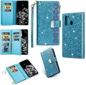 Voor Samsung Galaxy A21 Multi-kaartsleuven Sterrenhemel Lasergravure Glitter Rits Horizontale Flip Leren Case met Houder & Portemonnee & Lanyard (Hemelsblauw)