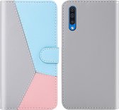 Voor Galaxy A30s Tricolor stiksels Horizontaal Flip TPU + PU lederen tas met houder & kaartsleuven & portemonnee (grijs)