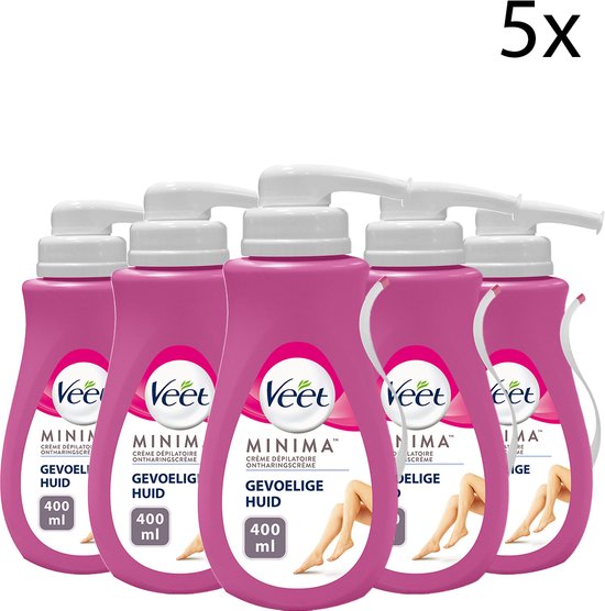 Voordeelverpakking van 5x 400ml roze Veet ontharingscrème voor gevoelige huid.