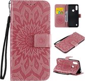 Voor Motorola Moto E6s (2020) Geperst afdrukken Zonnebloempatroon Horizontale flip PU lederen hoeshouder & kaartsleuven & portemonnee & lanyard (roze)