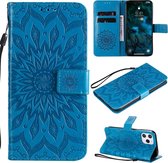 Voor iPhone 12 Pro Max Geperst Afdrukken Zonnebloempatroon Horizontale Flip PU-lederen Case Houder & Kaartsleuven & Portemonnee & Lanyard (Blauw)