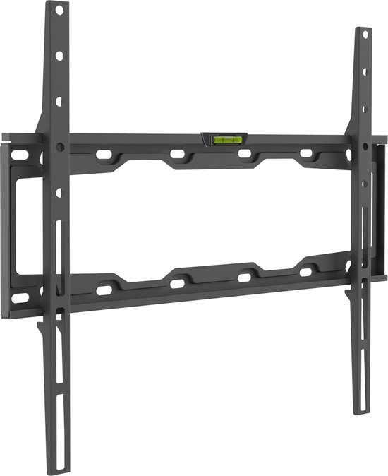 Zwarte tv-muurbeugel met waterpas, geschikt voor schermen van 29-65 inch tot 50 kg.