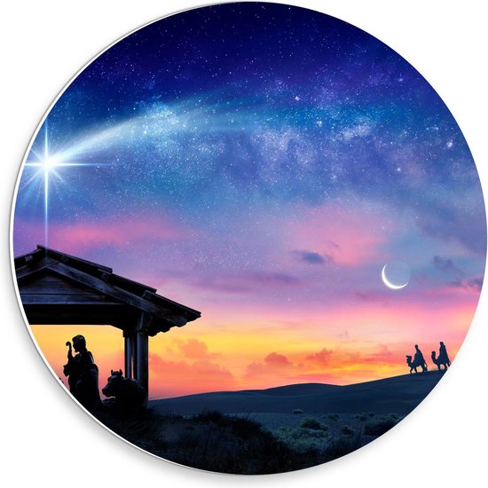 Forex Wandcirkel - Silhouet van Geboorte van Jezus en de Drie Wijzen - 30x30cm Foto op Wandcirkel (met ophangsysteem)