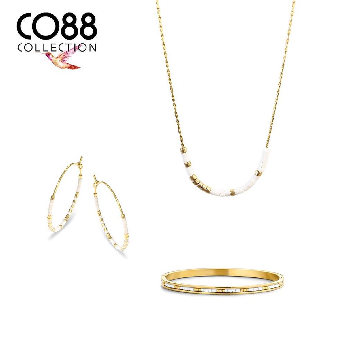CO88 Collection 8CO-SET085 Stalen Sieradenset - Ketting met Armband en Oorringen - Witte Miyuki Beads - 40 + 5 cm - 58 x 49 mm - 25 mm Doorsnee - Goudkleurig