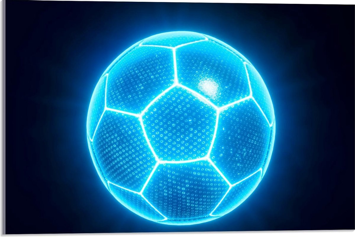 Acrylglas - Blauwe Neon Voetbal - 60x40cm Foto op Acrylglas (Met Ophangsysteem)