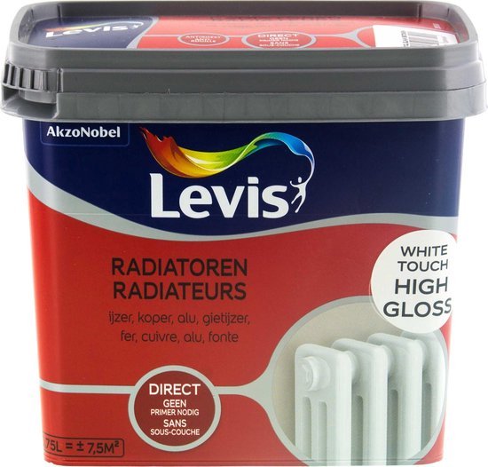 Peinture Levis pour radiateurs, blanc brillant. Pot rouge avec logo et texte "RADIATEURS".