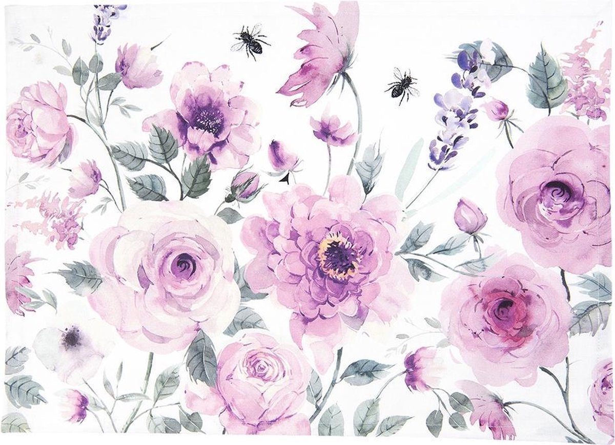 Clayre & Eef Placemats Set van 6 48x33 cm Wit Paars Katoen Rechthoek Rozen Tafelmat