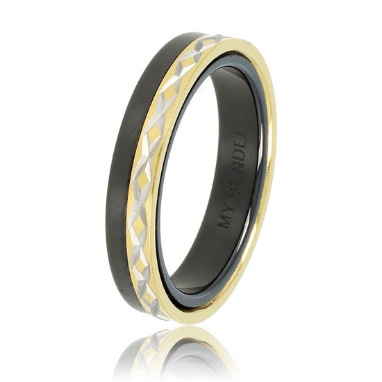 *My Bendel - Mooie ring zwart met goud kruis motief - Exclusieve duo-ring van zwart keramiek met gold plated kruismotief - Met luxe cadeauverpakking
