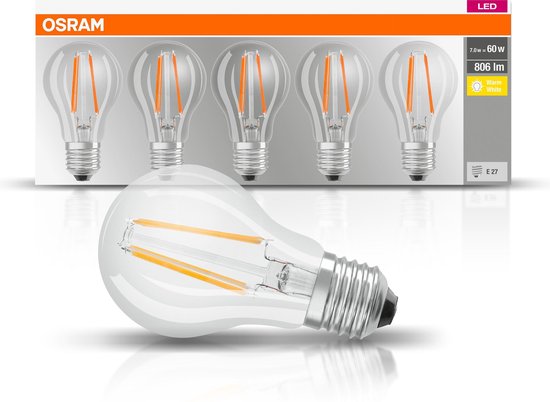 OSRAM LED lamp - Classic A 60 - E27 - filament - helder - 7W - 806 lumen - warm wit - 5 stuks