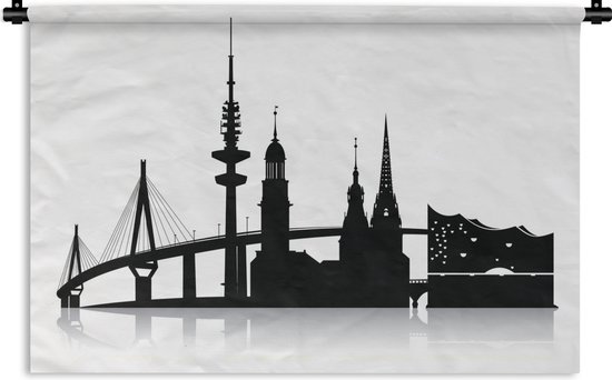 Wandkleed - Wanddoek - Een zwart-witte illustratie met de skyline van Hamburg - 60x40 cm - Wandtapijt