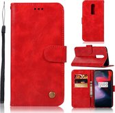Voor OnePlus 6 Retro koperen gesp Crazy Horse Horizontale Flip PU lederen tas met houder & kaartsleuven & portemonnee & lanyard (rood)