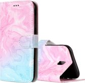 Voor Galaxy J3 (2017) (EU-versie) Roze groen marmeren patroon Horizontale flip lederen tas met houder en kaartsleuven en portemonnee