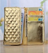Luxe telefoon hand tasje (M) met gestikt ruit patroon, wallet cover met Chanel patroon, goud , merk i12Cover
