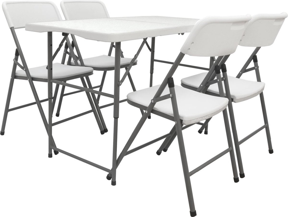 Tuinset met Klaptafel en 4 Stoelen - 122cm Kunststof Eettafel met Klapstoelen Tuin Tafel Draagbar
