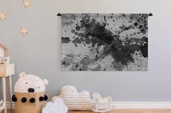 Tenture murale Aquarelle Abstrait - Oeuvre abstraite faite d'aquarelle et de projections de peinture sur fond gris Tenture murale coton 120x80 cm - Tapisserie murale avec photo