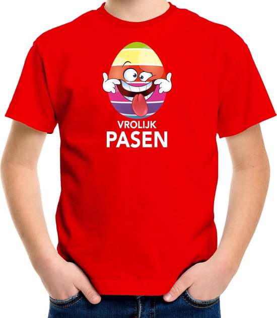 Paasei die tong uitsteekt vrolijk Pasen t-shirt / shirt - rood - kinderen - Paas kleding / outfit 158/164