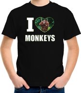 I love monkeys t-shirt met dieren foto van een Orang oetan aap zwart voor kinderen - cadeau shirt apen liefhebber XS (110-116)