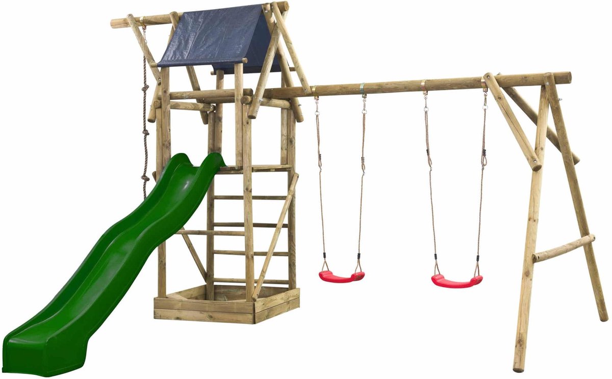 Houten Speeltoestel Niels (SwingKing) | Speeltoren met Glijbaan en Dubbele Schommel voor Buiten in de Tuin | FSC Hout - Glijbaan Groen