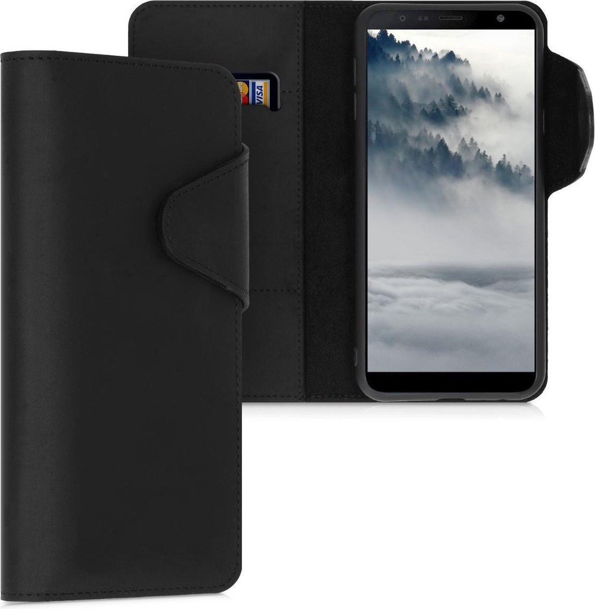 kalibri telefoonhoesje geschikt voor Samsung Galaxy J4+ / J4 Plus DUOS - Hoesje met pasjeshouder en standaard - zwart - Wallet case