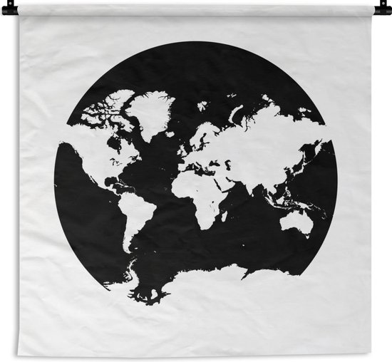 Wandkleed Trendy wereldkaarten - Witte wereldkaart op een zwarte aardbol Wandkleed katoen 180x180 cm - Wandtapijt met foto
