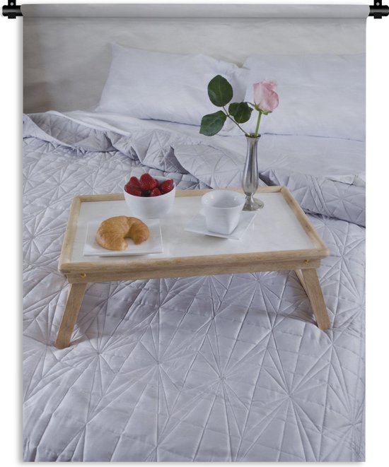 Wandkleed Ontbijt op bed - Dienblad met ontbijt op bed Wandkleed katoen 60x80 cm - Wandtapijt met foto