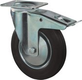 Kelfort Zwenkwiel, zwart rubber wiel met stalen velg en rollager + rem, 135kg m/rem 160mm