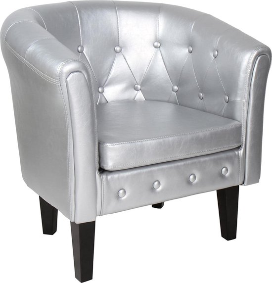 Trend24 – Chesterfield zitstoel – Lounge stoel – Synthetisch leer – Zilver – Diamantpatroon