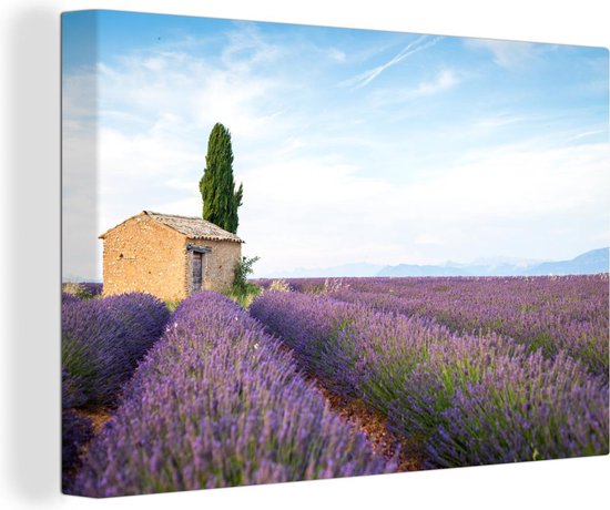 Canvas Schilderij Lavendelveld met een huis in Provence - 30x20 cm - Wanddecoratie