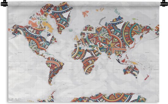 Wandkleed Trendy wereldkaarten - Wereldkaart met kleurrijke versiering Wandkleed katoen 90x60 cm - Wandtapijt met foto