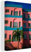 Bâtiment rose et bleu dans le quartier Art Deco de Miami 20x30 cm - petit - Tirage photo sur toile (Décoration murale salon / chambre) / Villes américaines Peintures sur toile