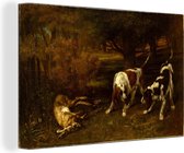 Canvas schilderij 140x90 cm - Wanddecoratie Jachthonden met dode haas - Schilderij van Gustave Courbet - Muurdecoratie woonkamer - Slaapkamer decoratie - Kamer accessoires - Schilderijen