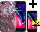 Hoes voor iPhone 7/8 Hoesje Marmer Case Rood Hard Cover Met 2x Screenprotector - Hoes voor iPhone 7/8 Case Marmer Hoesje Back Cover - Rood