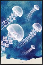 JUNIQE - Poster met kunststof lijst Jellyfish -13x18 /Blauw & Wit