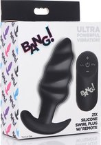 21X Vibrating Silicone Swirl Butt Plug with Remote - Black