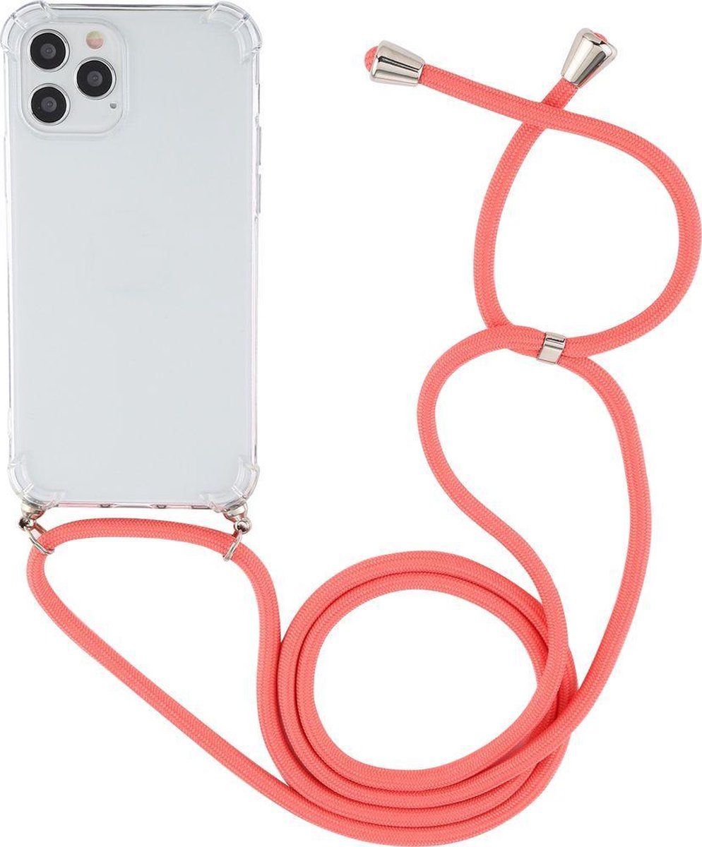 Mobigear Telefoonhoesje geschikt voor Apple iPhone 12 Pro Max Flexibel TPU | Mobigear Lanyard Hoesje met koord - Transparant / Rood