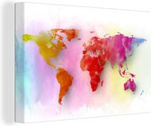 Canvas Wereldkaart - 90x60 - Wanddecoratie Wereldkaart - Aquarel - Regenboog