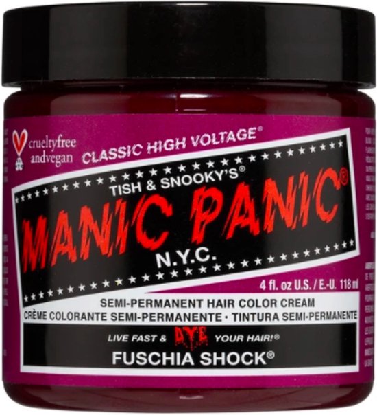 Potje Manic Panic Classic High Voltage haarverf, kleur Fuschia Shock. Met vegan en crueltyfree logo.
