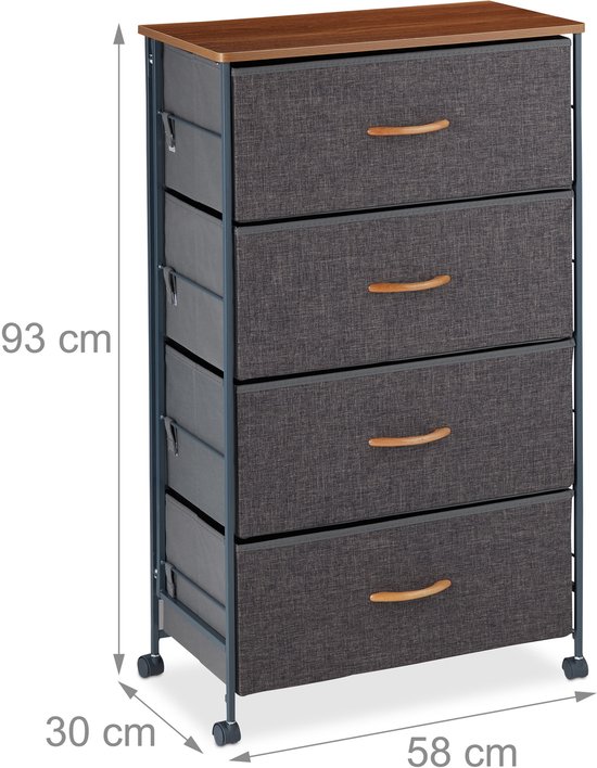 Grijze ladekast met 4 stoffen laden, houten blad en wielen. Afmetingen: 93x58x30cm.