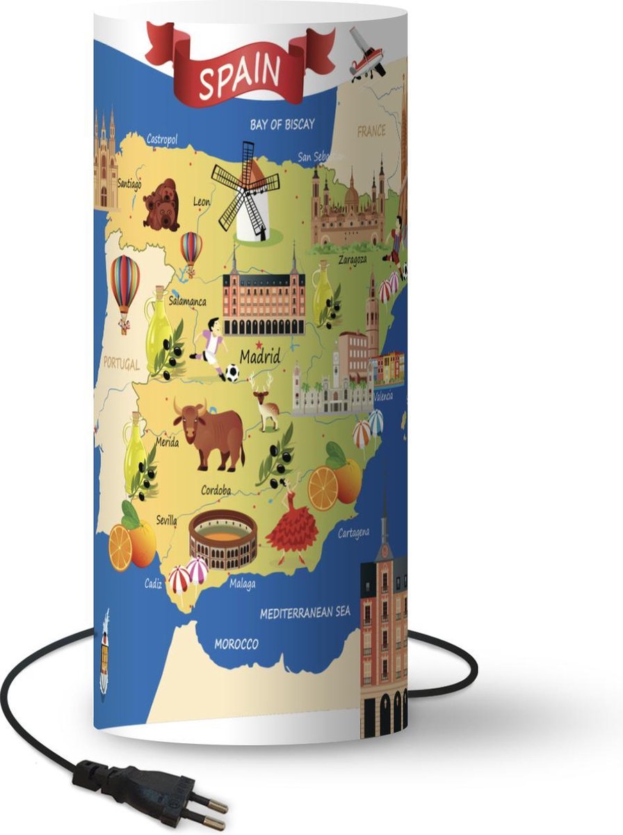 Lamp - Nachtlampje - Tafellamp slaapkamer - Kaart van Spanje met illustraties van bezienswaardigheden - 54 cm hoog - Ø22.9 cm - Inclusief LED lamp