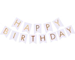 Happy Birthday Slinger Verjaardag Versiering Feest Versiering Verjaardag Slingers Wit & Goud Decoratie – 1 Stuk