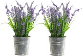 2x stuks lavendel kunstplanten/kamerplanten paars in grijze sierpot H28 cm x D18 cm - Kunstplanten/nepplanten