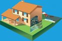 Gedeeltelijke doorsnede van een huis, met kelder en oprit. Een gele slang loopt van de kelder naar buiten.
