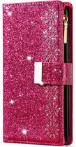 Samsung Galaxy S21 Ultra Luxe Glitter Book Case Hoesje met Koord - Bloemenpatroon - Magnetische Sluiting - Portemonnee met Rits - Pasjeshouder - Samsung Galaxy S21 Ultra - Roze