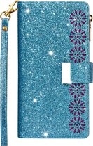 Hoesje geschikt voor iPhone XR - Bookcase - Koord - Pasjeshouder - Portemonnee - Glitter - Bloemenpatroon - Kunstleer - Blauw