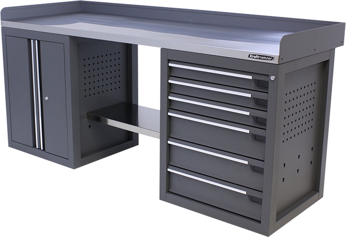Kraftmeister werkbank 200 cm - Werktafel met 6 laden, 1 opbergkast en RVS werkblad - Grijs