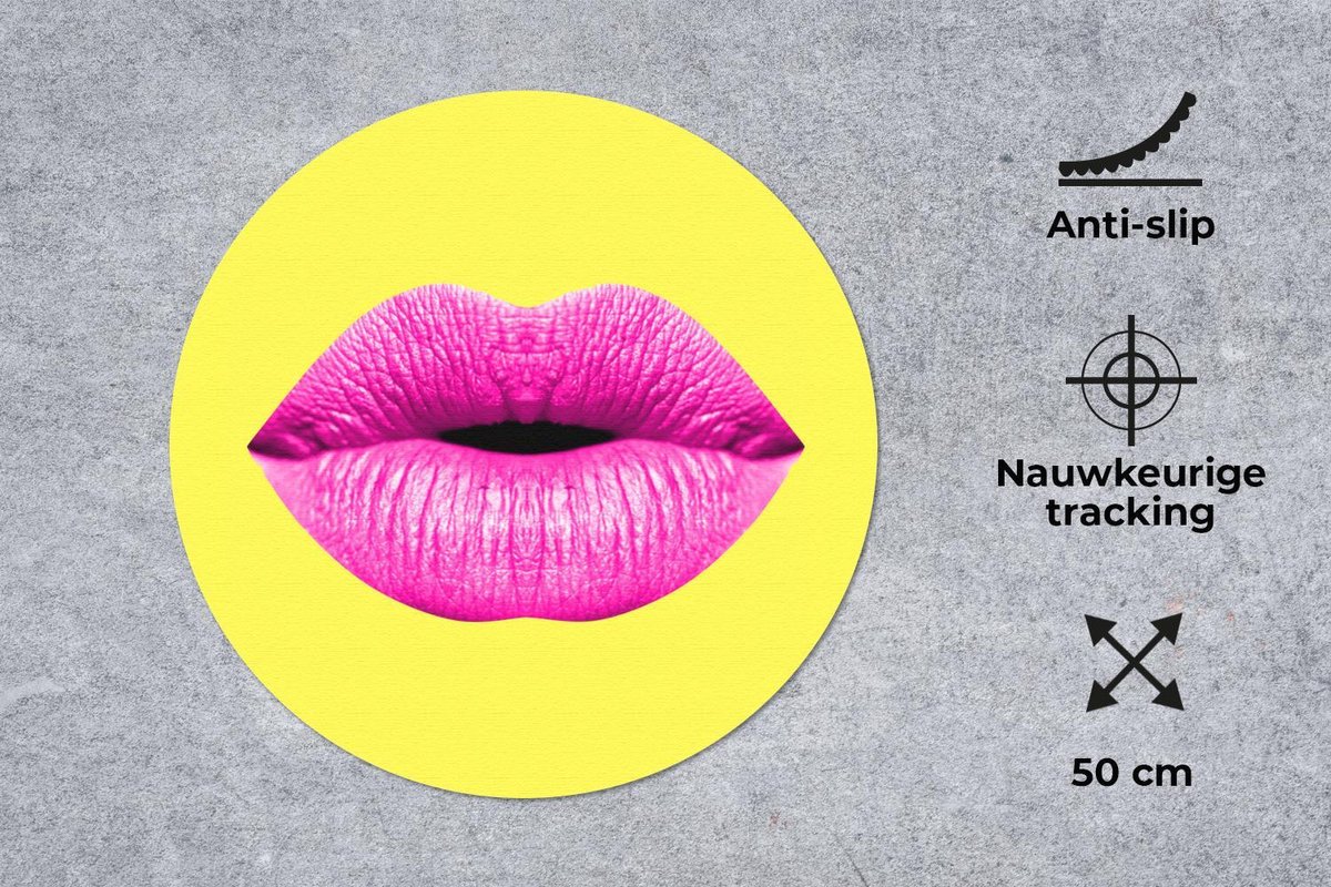 Muismat rond 50x50 cm - Mousepad Lippen - Roze - Geel - Ronde muismatten