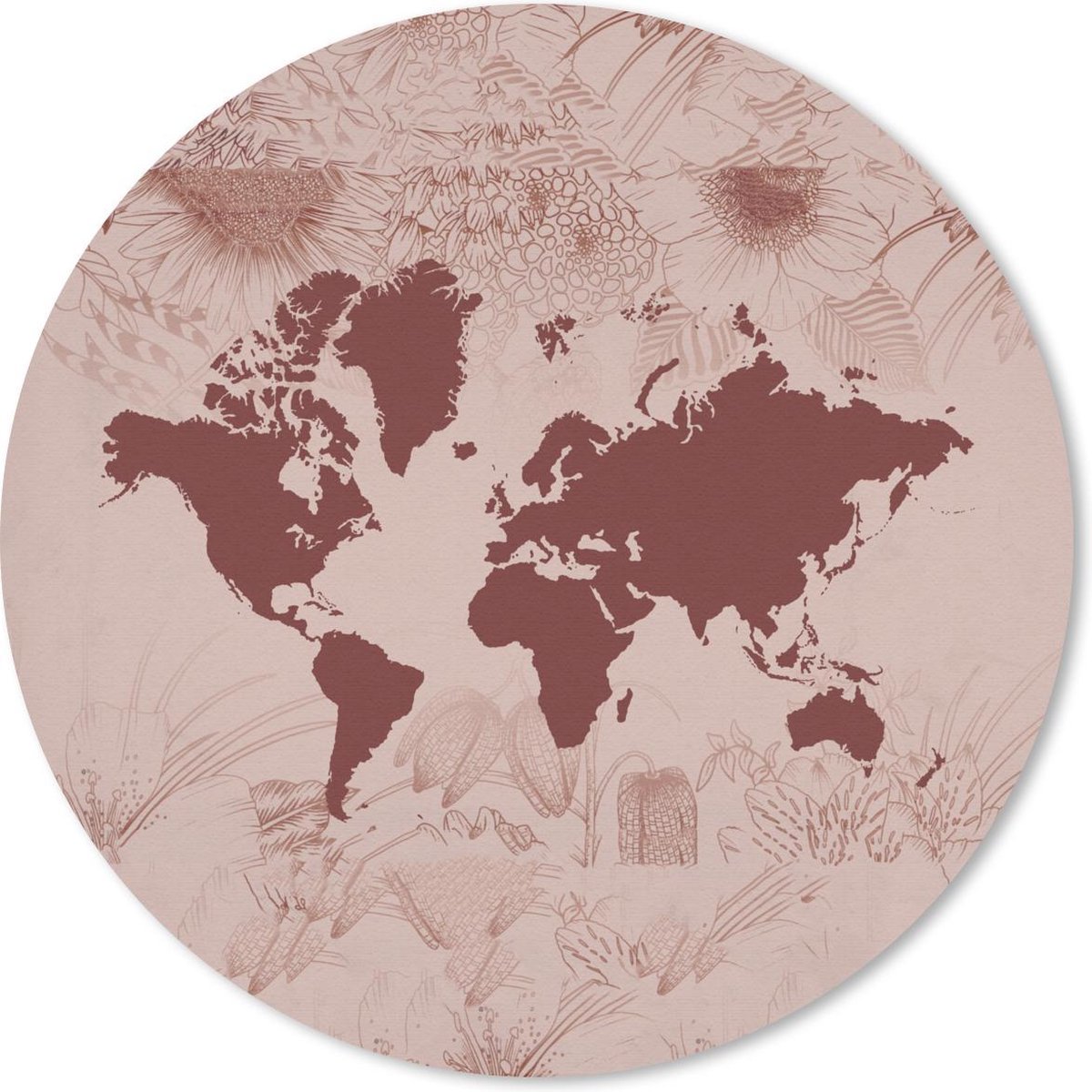 Muismat rond 40x40 cm - Mousepad Wereldkaart - Rood - Planten - Ronde muismatten