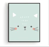 Poster Poesje Hoofd Blauw / Groen - Dieren - Kinderkamer - Dierenposter - Babykamer / Kinderposter - Babyshower Cadeau - Muurdecoratie - 70x50cm - Postercity